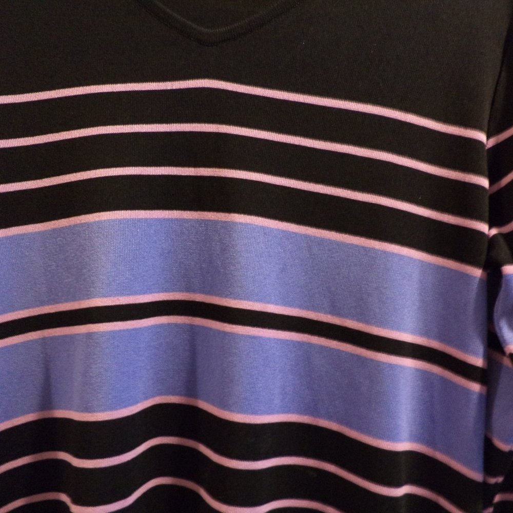 Misook Woman's Blouse Top- V-Neck Shirt~Black with Pink + Purple Stripes ~Large - Picture 2 of 5